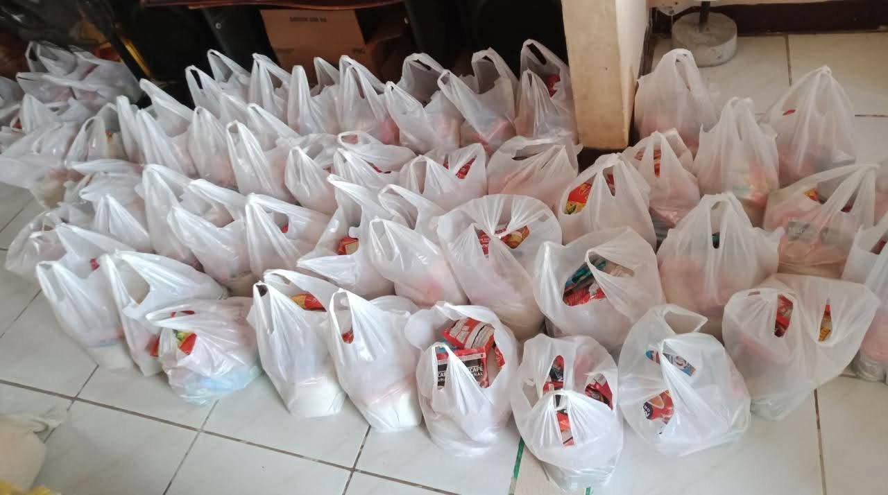 Rows of prepared bags of relief goods